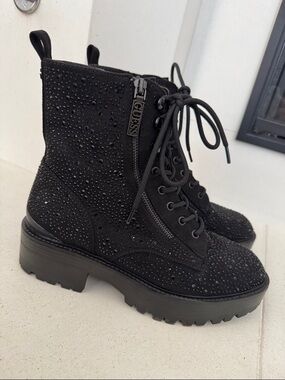 GUESS Black Embellished Lace-Up Combat Boots